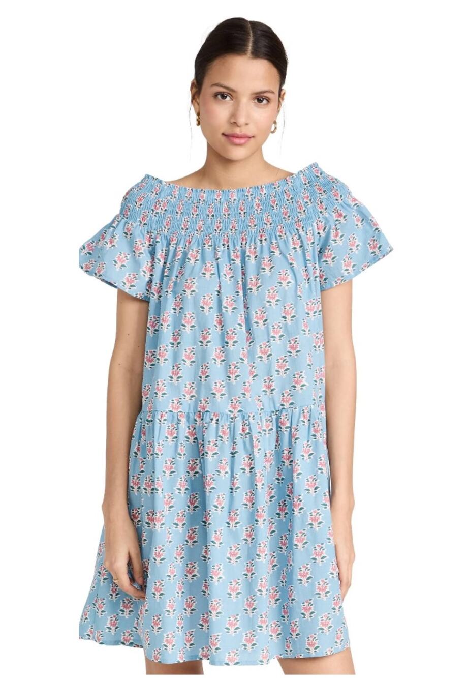 MAREA Tuckernuck Louise Shortie Smocked Off The Shoulder Mini Blue Floral Dress